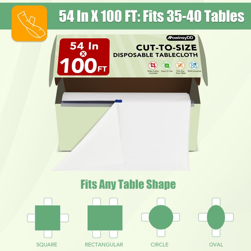 RowinsyDD 54 IN X 100 FT White Plastic Table Cover Roll with Slide Cutter  Cuts Up to 12 Rectangle 8 Feet Disposable Plastic Table Cloths  Disposable Table Cover Roll for Dinning  Parties  BBQ  Wedding  Outdoor - Image 4